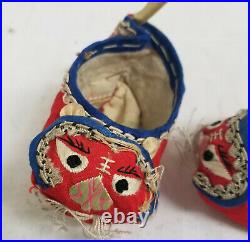 Antique Chinese Pair of Embroidered Silk Childs Baby Shoes Mouse Dragon