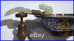 Antique Chinese Pale Green Jade Belt Hook Dragon Enamel Dish late 19th Century