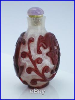 Antique Chinese Peking Glass Carved Engraved Dragon Snuff Bottle Amethyst Top