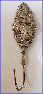 Antique Chinese Peranakan Brass Curtain Hook, Carved dragon Silver Plated Marked