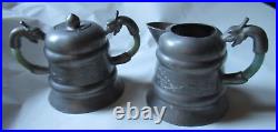 Antique Chinese Pewter Jade Dragon Handle Cream Creamer & Sugar