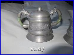 Antique Chinese Pewter Jade Dragon Handle Cream Creamer & Sugar