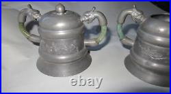 Antique Chinese Pewter Jade Dragon Handle Cream Creamer & Sugar