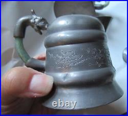 Antique Chinese Pewter Jade Dragon Handle Cream Creamer & Sugar