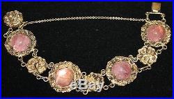 Antique Chinese Pink Tourmaline Dragon Design Marked Gilt Gold Bracelet Vintage