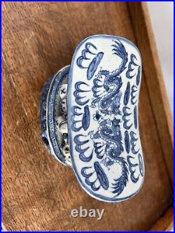 Antique Chinese Porcelain Blue White Dragon Boat Lotus Opium Pillow Chinoiserie