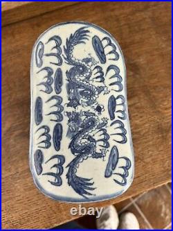 Antique Chinese Porcelain Blue White Dragon Boat Lotus Opium Pillow Chinoiserie