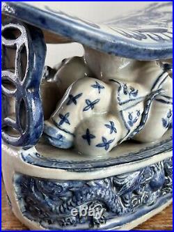 Antique Chinese Porcelain Blue White Dragon Boat Lotus Opium Pillow Chinoiserie