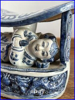 Antique Chinese Porcelain Blue White Dragon Boat Lotus Opium Pillow Chinoiserie