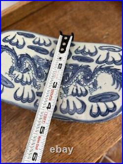 Antique Chinese Porcelain Blue White Dragon Boat Lotus Opium Pillow Chinoiserie