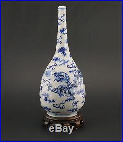 Antique Chinese Porcelain Blue and White Dragon Bottle Vase KANGXI Mark 19thC