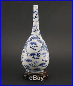 Antique Chinese Porcelain Blue and White Dragon Bottle Vase KANGXI Mark 19thC