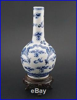 Antique Chinese Porcelain Blue and White Dragon Bottle Vase QIANLONG Mark 19thC