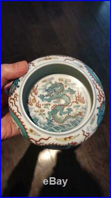 Antique Chinese Porcelain Doucai Dragon Brush Washer Marked with Wood Base