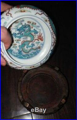 Antique Chinese Porcelain Doucai Dragon Brush Washer Marked with Wood Base
