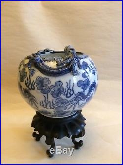 Antique Chinese Porcelain Dragon Bat Brush Pot Bowl On Wooden Stand
