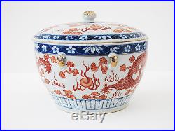 Antique Chinese Porcelain Jar Lidded Vessel Export Blue White Red Painted Dragon