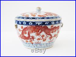 Antique Chinese Porcelain Jar Lidded Vessel Export Blue White Red Painted Dragon