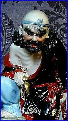 Antique Chinese Porcelain Painted Immortal In Black Kimono&dragon Statue, Marked