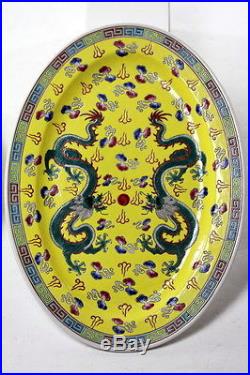 Antique Chinese Porcelain Pair Plates Ground Yellow Five Toed Dragon Republic