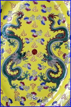 Antique Chinese Porcelain Pair Plates Ground Yellow Five Toed Dragon Republic