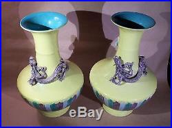 Antique Chinese Porcelain Vases Pair Republic Period Dragons Bats Yellow Blue