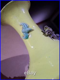 Antique Chinese Porcelain Vases Pair Republic Period Dragons Bats Yellow Blue
