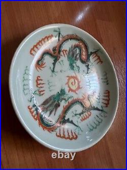Antique Chinese Porcelain famille rose Small Plate Double Dragons