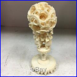 Antique Chinese Puzzle Ball On Stand Dragons Elephants Bovine Bone