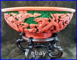 Antique Chinese Qianlong 18th C Cinnabar Lacquer Bowl Having 5 Imperial Dragons