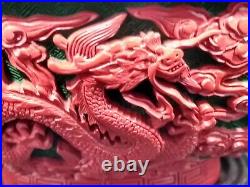 Antique Chinese Qianlong 18th C Cinnabar Lacquer Bowl Having 5 Imperial Dragons
