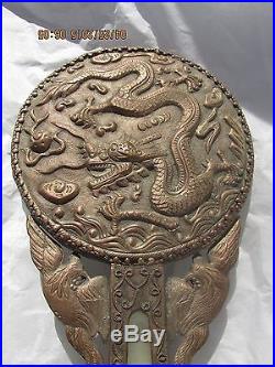 Antique Chinese Qilong Dragon Jade Belt Hook On Copper Mirror
