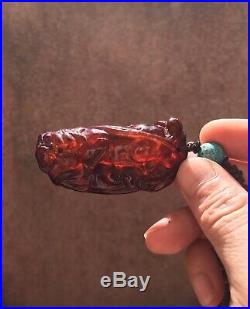 Antique Chinese Qing Dy. Rare Amber Dragon Pedant necklace