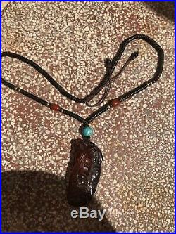Antique Chinese Qing Dy. Rare Amber Dragon Pedant necklace