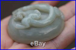 Antique Chinese Qing Dynasty (1644-1912) Pale Celadon Jade Chilong Dragon Box