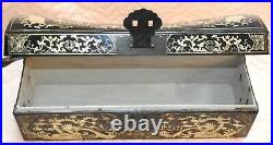 Antique Chinese Qing Dynasty Gilt Inlaid Lacquer Wood Pillow Box Dragon Art