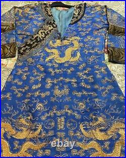 Antique Chinese Qing Dynasty Hand Embroidery Dragon Blue Robe Long 53 Chest 44