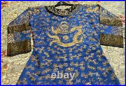 Antique Chinese Qing Dynasty Hand Embroidery Dragon Blue Robe Long 53 Chest 44
