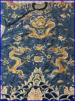 Antique Chinese Qing Dynasty Hand Embroidery Dragon Blue Robe Long 54Chest 56