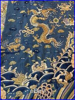 Antique Chinese Qing Dynasty Hand Embroidery Dragon Blue Robe Long 54Chest 56