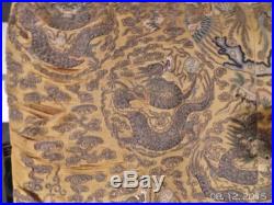 Antique Chinese Qing Dynasty Large Silk Art Yellow Ground Imperial Dragon 60tal