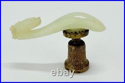 Antique Chinese Qing Dynasty Pale Green Jade Carved Dragon Belt Hook with Stand