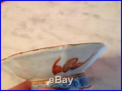 Antique Chinese Qing Dynasty Signed Porcelain Tazza with Dragon Phoenix & Bats