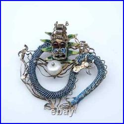 Antique Chinese Qing Filigree Silver Enamel Dragon Pendant Brooch