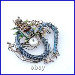 Antique Chinese Qing Filigree Silver Enamel Dragon Pendant Brooch