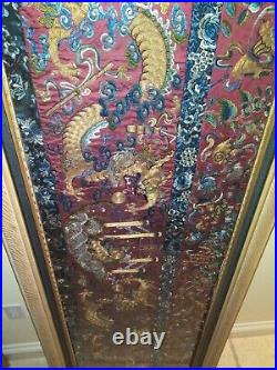 Antique Chinese Qing Gold Thread Silk Robe Embroidery Fragment Dragons