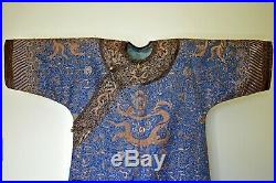 Antique Chinese Qing Imperial Court Gold & Silver Embroidered Silk Dragon Robe