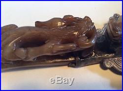 Antique Chinese Qing Jade Chilong Dragon Belt Buckle Russet Jade Silver Mirror