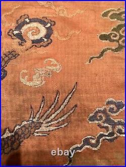 Antique Chinese Qing Qianlong period silk brocade dragon panel