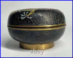 Antique Chinese Qing Republic Black Enamel Cloisonne Dragon Round Box